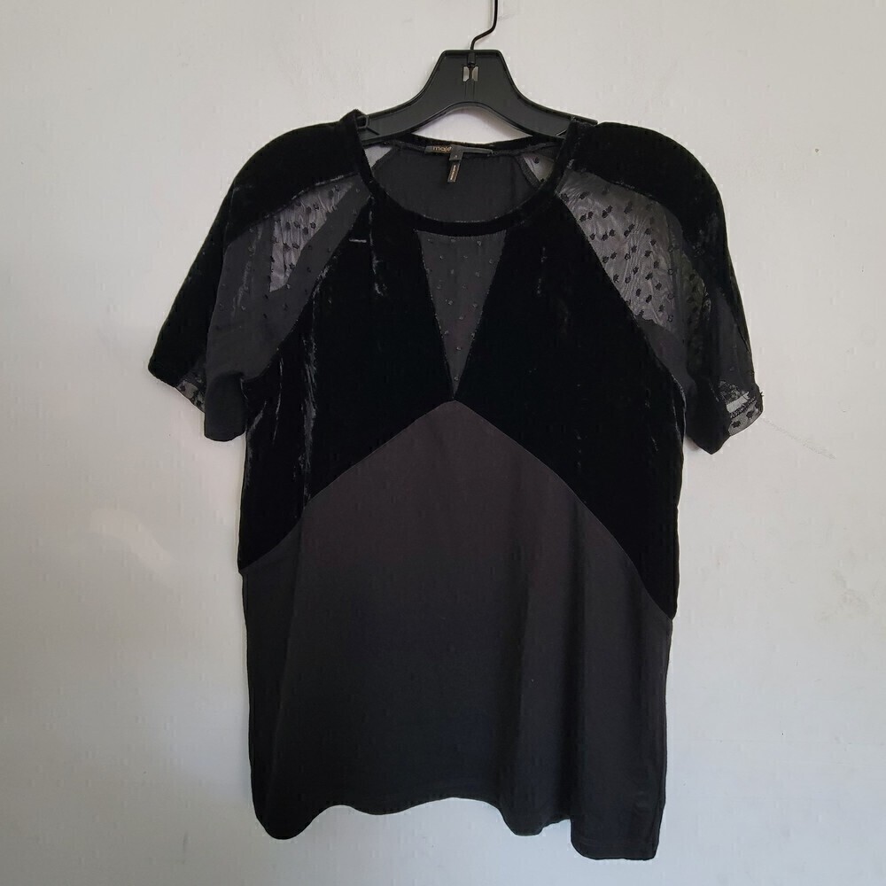 Maje Black Mesh Lace Swiss Polka Dot Velvet Short Sleeve Blouse Top Size 2